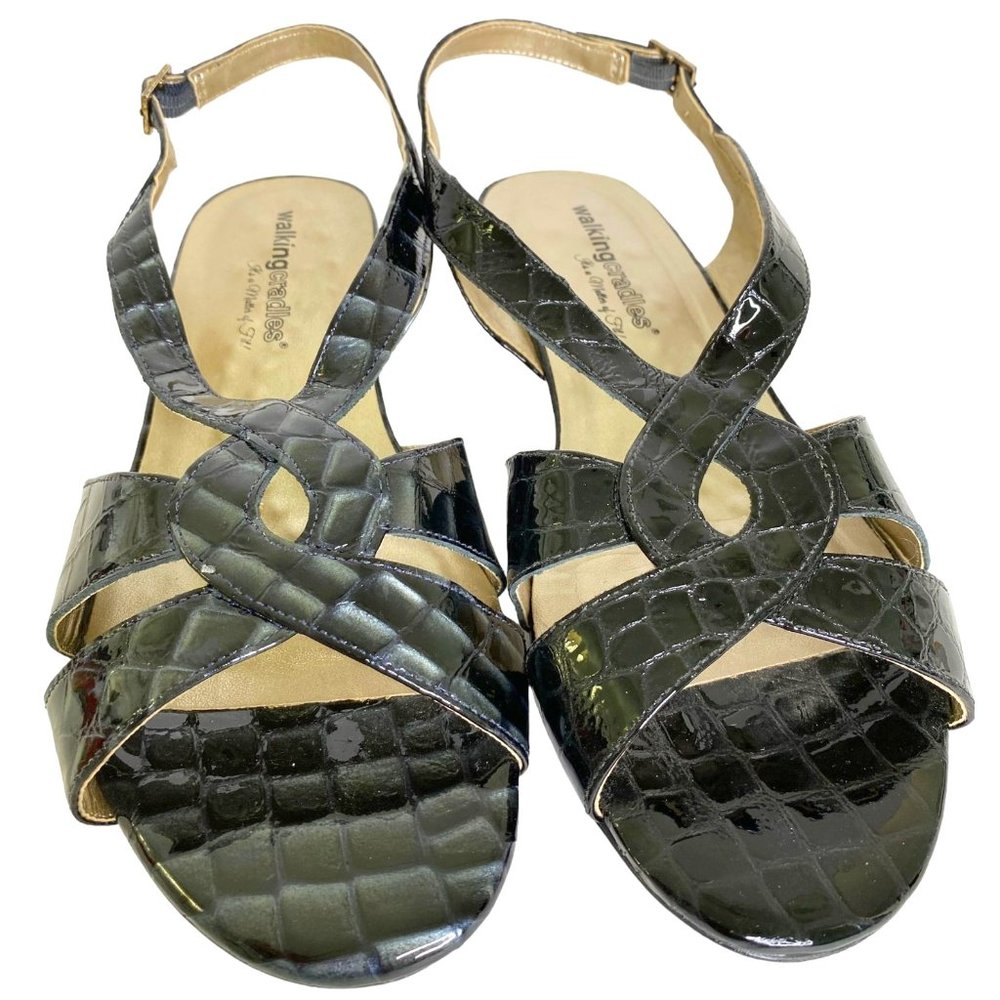 Walking Cradles Women’s 10WW Black Patent Leather Croc Slingback Sandals Resort